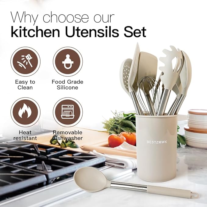 Kitchen Utensils Set-Silicone Cooking Utensils-33pcs Non-Stick Silicone Cooking Kitchen Utensils Spatula Set with Holder-Best Kitchen Cookware with Stainless Steel Handle (Khaki)