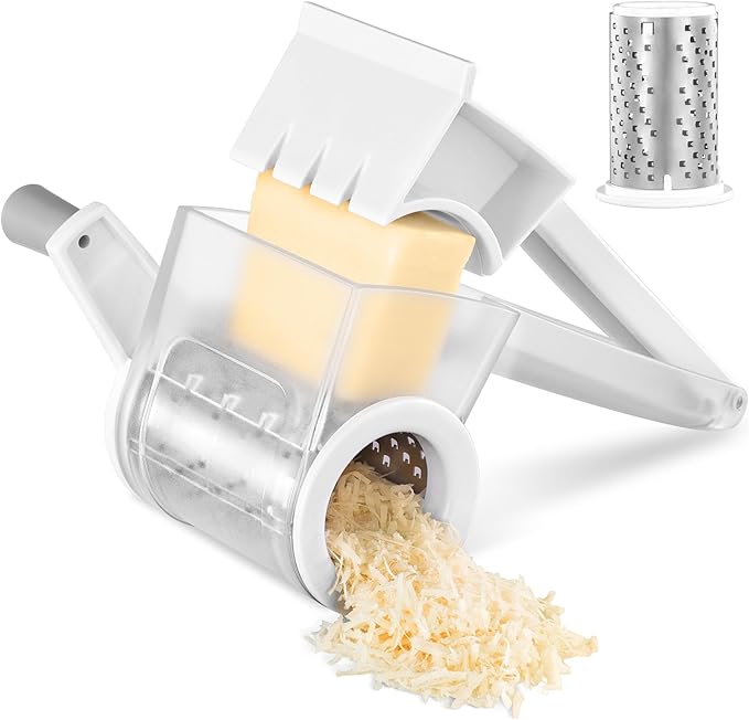 GDL Cheese Grater Hand Crank, Kitchen Rotary Grater Handheld, Dishwasher Safe Parmesan Cheese Grater with Stainless Steel Blade for Hard Cheese,Chocolate,Nuts, White