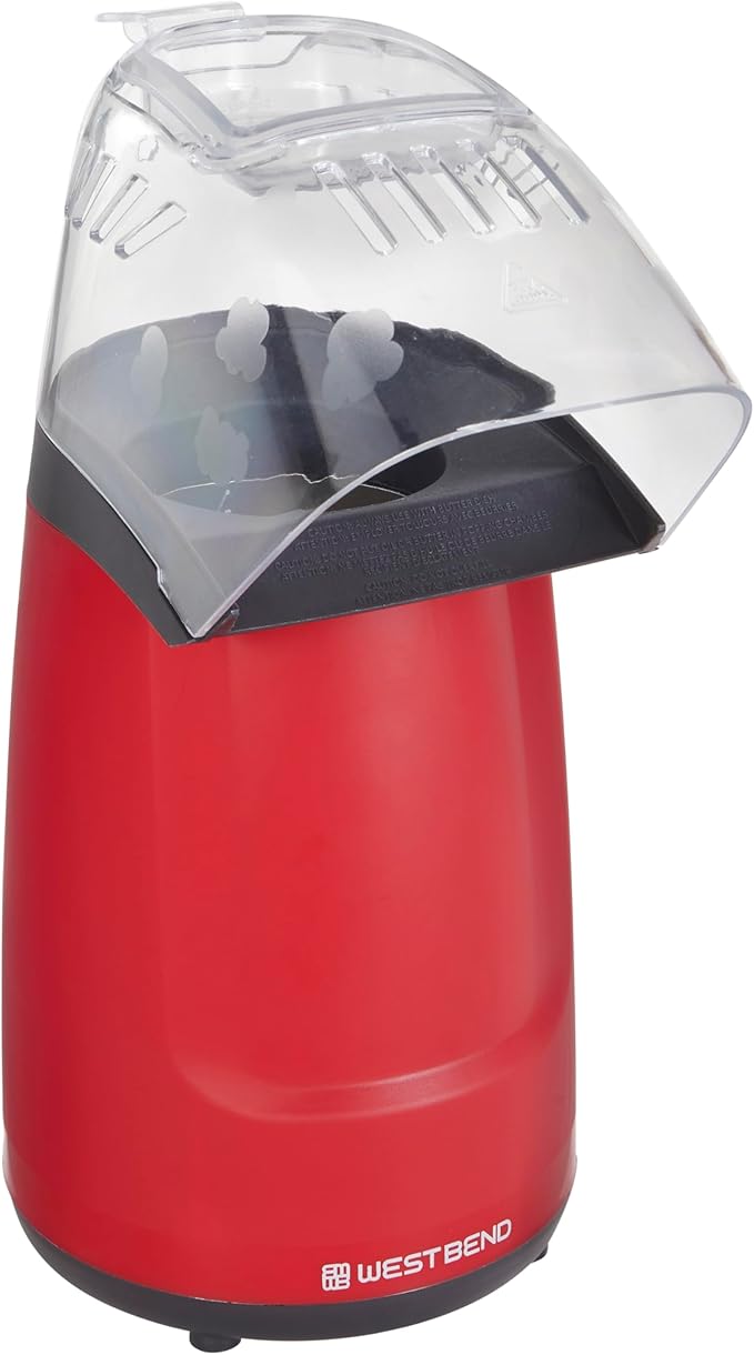 West Bend Air Crazy Series Hot Air Oil-Free Popcorn Popper Machine Features One-Touch Operation with Built-In Measuring Cup and On-Board Cord Storage, 4-Quart, in Red