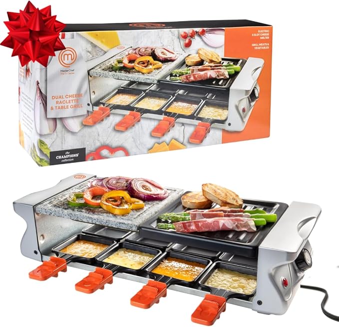 MasterChef Electric Raclette Table Grill w Non-Stick Grilling Plate & Cooking Stone- 8 Person Tabletop Cooker for Indoor, Smokeless, Korean BBQ - Melt Cheese, Cook Meat, Veggies, Appetizers-19" x 8"