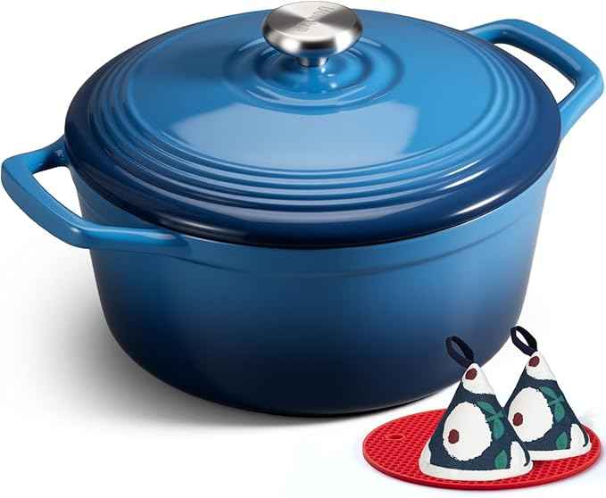 Overmont Enameled Cast Iron Dutch Oven - 5.5QT Pot with Lid Cookbook & Cotton Potholders - Heavy-Duty Cookware for Braising, Stews, Roasting, Bread Baking Blue
