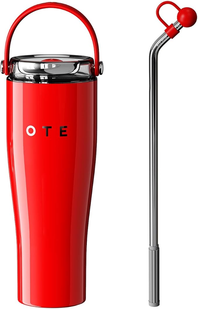 OTE 30OZ Tumbler with Handle, 316 Stainless Steel Water Bottle with Straw, 800ML Vacuum Insulated Bottle, Insulated Travel Mug, Tumbler Cup for Office or Home, Cup Holder Friendly, Keep Hot/Cold (Red)