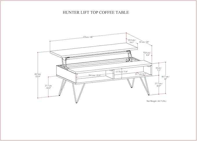 SIMPLIHOME Hunter 48 inch Wide Rectangle Industrial Lift Top Coffee Table in Oak Veneer for the Living Room and Family Room