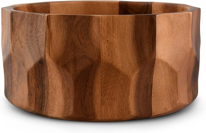 Arthur Court Acaica Wood Salad Serving Bowl for Fruits or Salads - Curved Faced Diamonds Sides Modern Centerpiece Bowl 12 inch Diameter 6 inch tall