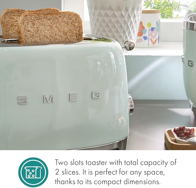 SMEG 2 Slice Toaster with 6 Presets and Defrost Function and Removable Crumb Tray TSF01PGUS, Pastel Green