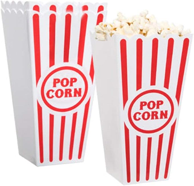 Novelty Place Plastic Red & White Striped Classic Popcorn Containers for Movie Night - 7.8" Tall x 3.8" Square (16 Pack)