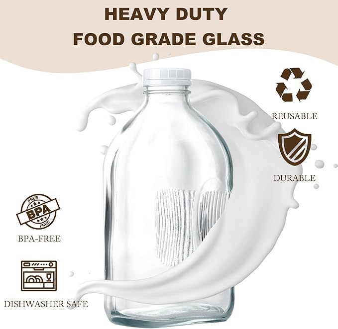 FyndraX Glass Milk Jugs Bottles - Half Gallon / 2Qt Container Pitcher with Airtight Screw Lids and Handle for Milk, Breastmilk, Juice, Iced Tea, Cold Water, 64 OZ Set of 2