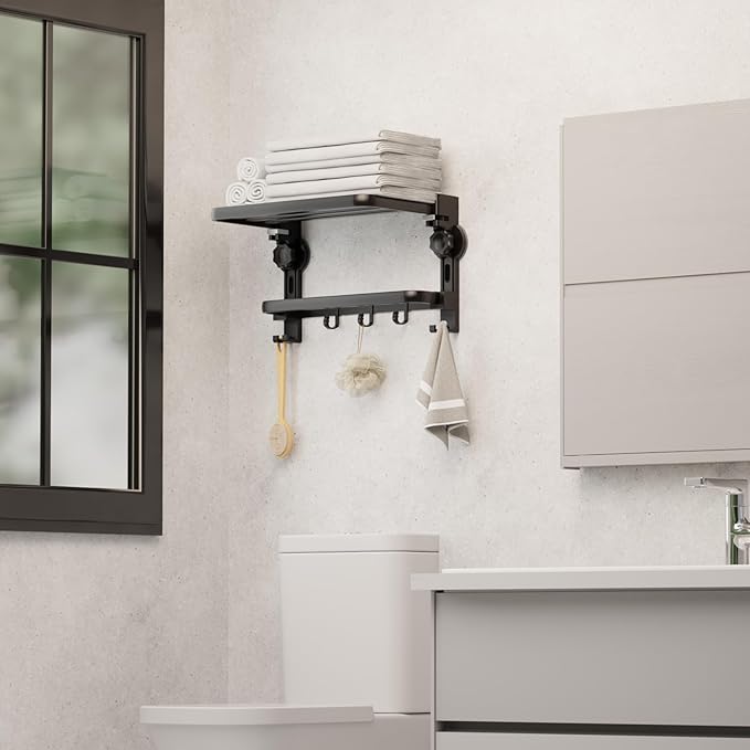 Towel Rack with Towel Bar Holder Suction Cup Foldable Towel Shelf No Drill with 7 Hooks Rustproof Towel Storage Wall Mount for Bathroom Lavatory Matte Blackish Gray20 Inch
