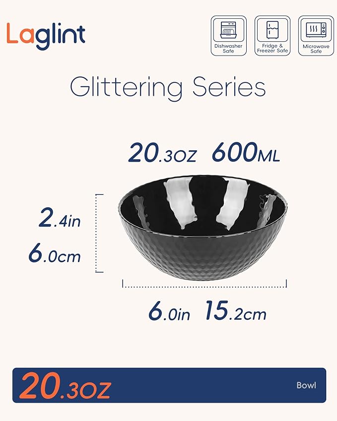 20 OZ Max Black Opal Glass Cereal Bowl Set of 6, 6 inch Dishwasher & Microwave Safe Round Geometric Faceted Bowls for Kitchen, Salad, Soup and Rice
