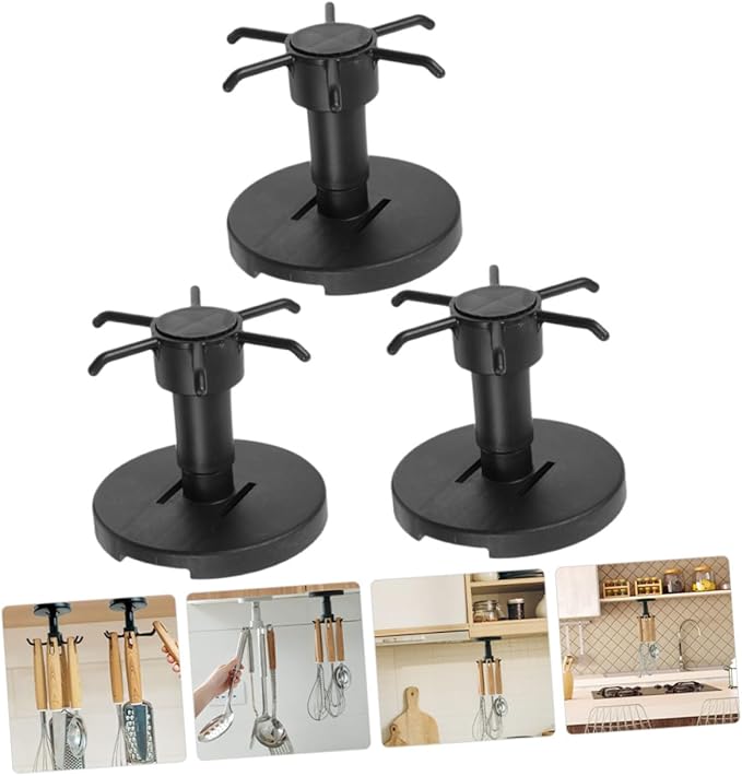 GLEAVI 3pcs Kitchen Utensil Organizer Hooks Rotating Adhesive Under Cabinet Hanger Rack for Cooking Tools and Measuring Spoons in Black