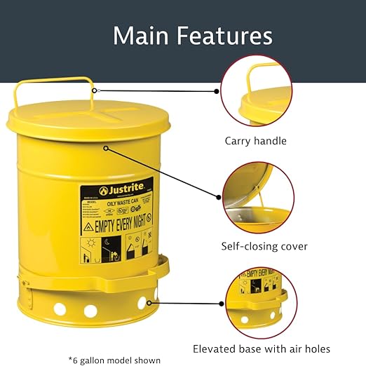 Justrite 10 Gallon Galvanized Steel Oily Waste Can, 18" x 14" Metal Oil Rag Safety Can with Foot Operated Self-Closing Lid for Oil Rag Disposal, Made in The USA, Yellow, 09301