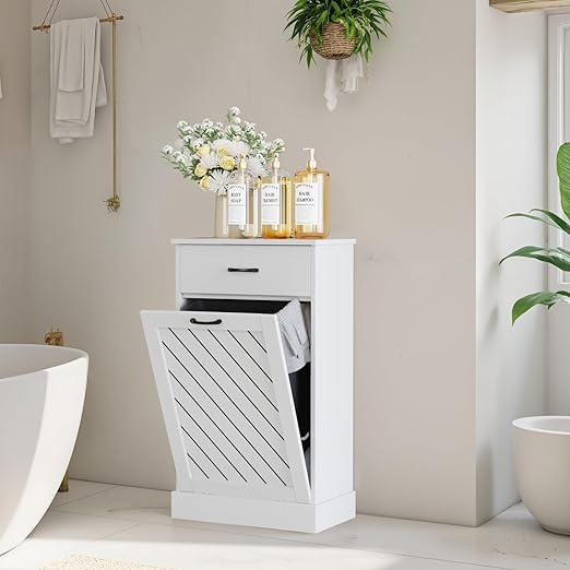 Tilt-Out Trash Can Cabinet, 13 Gallons Hidden Garbage, Hidden Kitchen Trash Cabinet with Storage Drawer, Pet-Proof Wooden Garbage & Recycling Cabinet for Kitchen, Laundry & Living Room, White