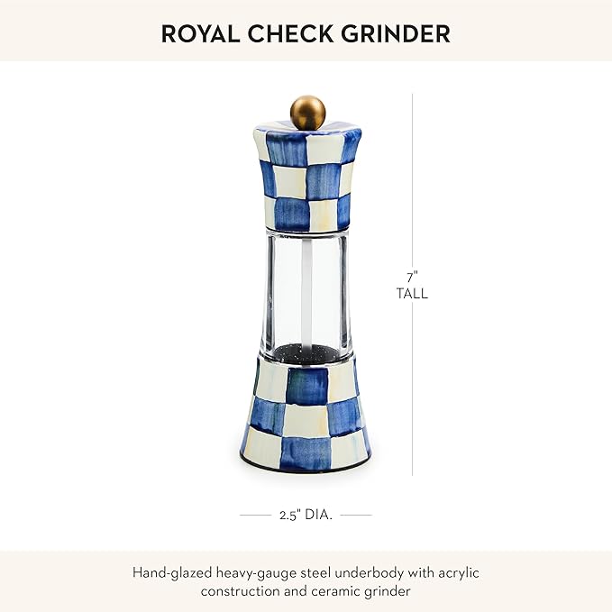 MACKENZIE-CHILDS Enamel Grinder, Refillable Manual Salt Grinder and Pepper Grinder, Blue-and-White Royal Check