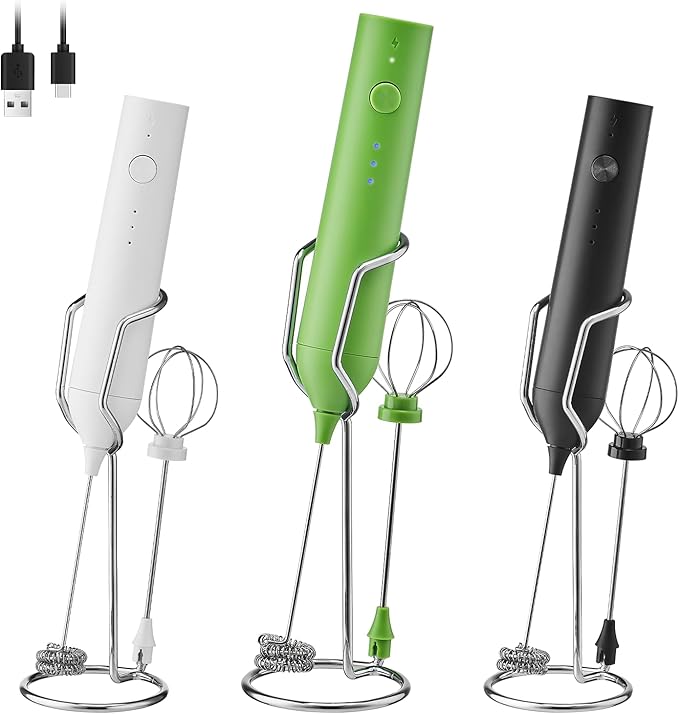 Rechargeable Milk Frother Set by ELMWAY, Electric Drink Blender with Wand and Egg Whisk, Foam Maker Mixer, Milk Frother Handled for Coffee, Latte, Matcha, Protein Powder (Green with Stand)