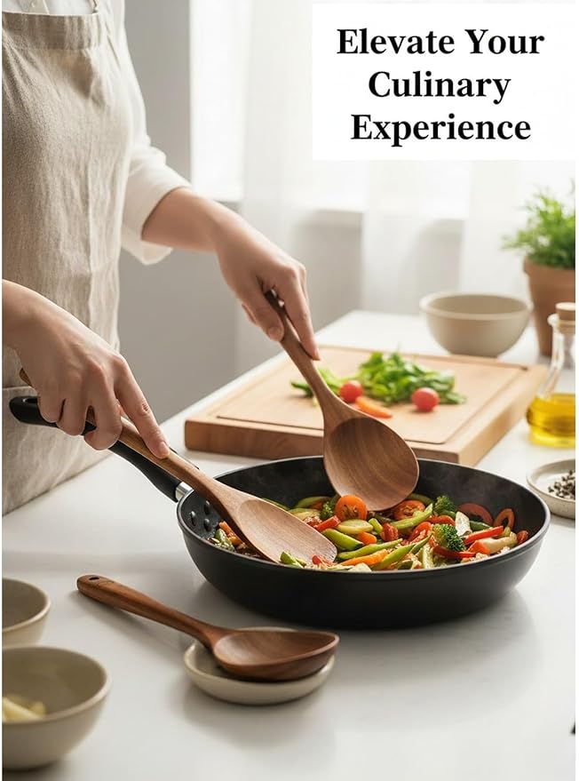 Natural Teak Wood Kitchen Utensil Set - 6 Piece Non-Stick Cooking Spoons & Spatulas, Heat Resistant & Eco-Friendly, Durable Wooden Tools for Nonstick Cookware