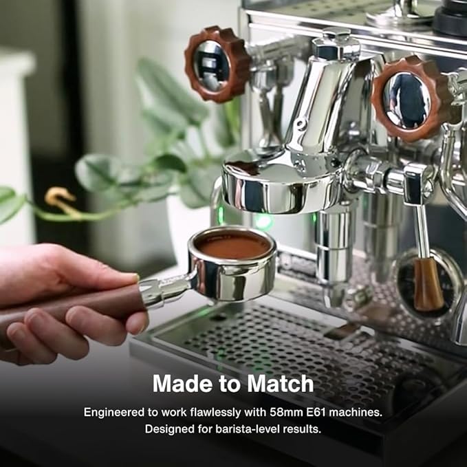 CREMA Coffee Products 58mm Bottomless Naked Portafilter | Compatible with 58mm for E61 | Includes Double Shot Filter Basket | Walnut