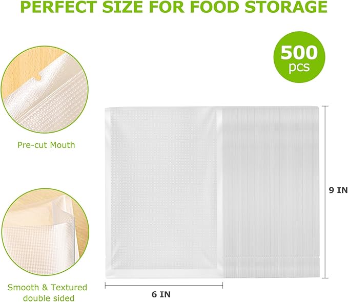 Bonsenkitchen Precut Vacuum Sealer Bags, 500 Pint 6" x 9" Food Sealer Bags,Commercial Grade, BPA Free, Heavy Duty, Customized Size Vacuum Bags for Vac Storage, Meal Prep or Sous Vide Cooking, VB11