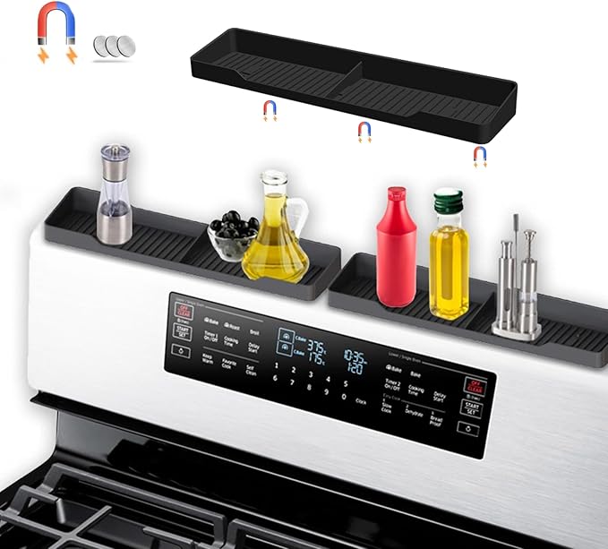 15 Inch Magnetic Silicone Stove Top Shelf,Heat Resistant Over The Stove Spice Rack for Kitchen,Space Saving Organizer Back of Stove,Includes 6 Additional Sticky Boards(Black,15''x3.8'')