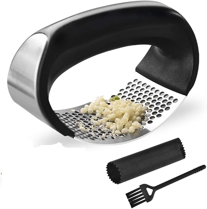 Garlic Press Rocker Stainless Steel Ginger Crusher Squeezer Kitchen Gadget with Ergonomic handle, Silicone Tube Garlic Peeler and Cleaning Brush Tool Set