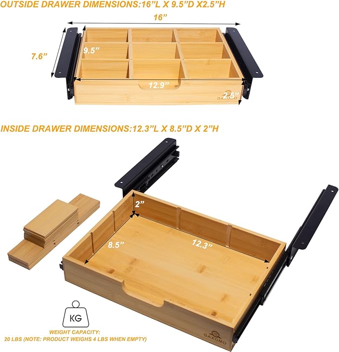 Under Desk Bamboo Drawer with U-Shaped Hollow Panel to Pull Out, 13'' Long & 9.5'' Deep Adjustable Space Storage Organizer for Sit Stand Workstation