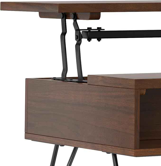 SIMPLIHOME Hunter Lift Top Coffee Table - 48 inch Wide Walnut Veneer and Metal Industrial Cocktail Table, Functional Living Room Table with 2 Storage Cubbies and Hairpin Legs