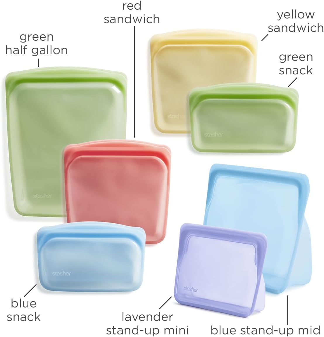 Stasher Premium Silicone Reusable Food Storage Bags, 7-Pack, Rainbow, Multi-Use Food Storage Bags, Lunch Bag, Travel Containers, BPA Free, Leak-free, Dishwasher-Safe, Eco-friendly