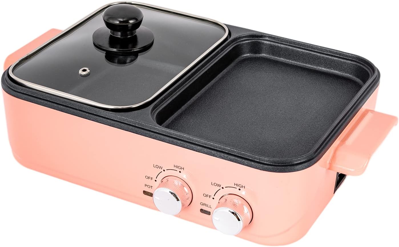 Hot Pot and Grill, 2 In 1 Electric Hot Pot Grill Cooker, Non-Stick Multi-Functional Smokeless Shabu Korean BBQ Pan Indoor with Dual Temperature Control, Capacity for 2-4 People