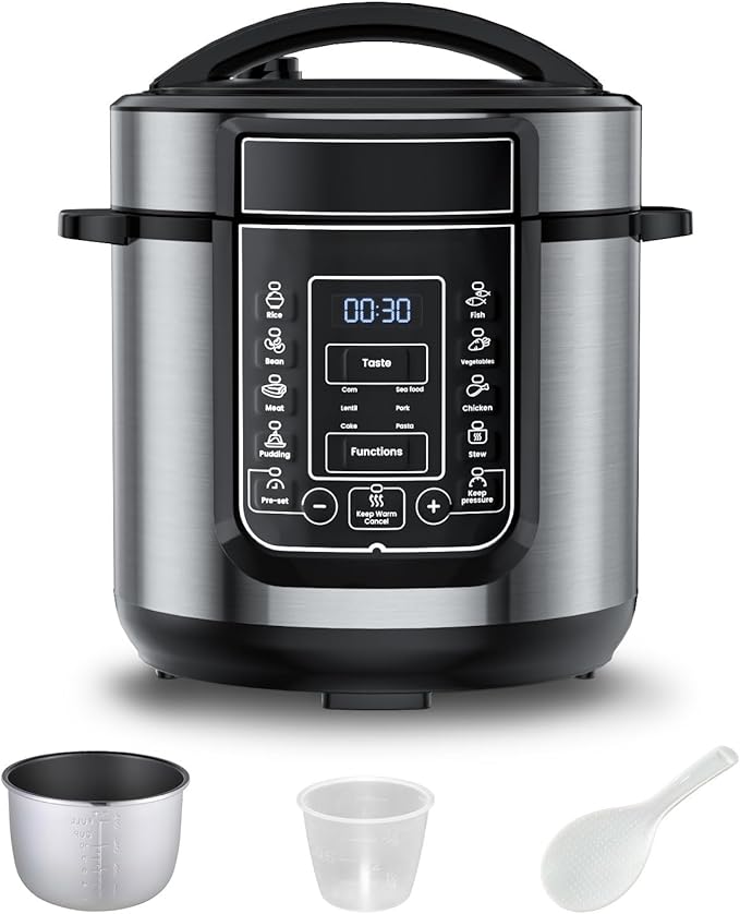 6 Qt Electric Pressure Cooker 9-in-1, 14 Presets Instant Multi-Function Pot, Slow Cooker, Rice Cooker, Cake Maker, Non-Stick, Stainless Steel