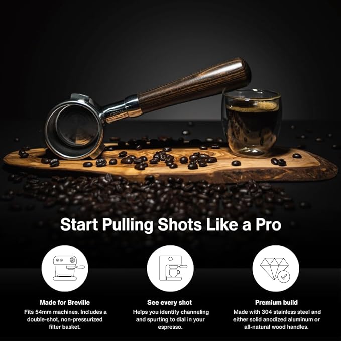 CREMA Coffee Products 54mm Bottomless Naked Portafilter | Compatible with 54mm Breville Machines | Includes Double Shot Filter Basket | Walnut