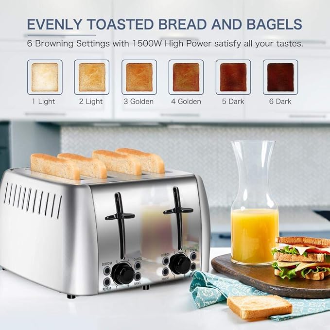 Toaster 4 Slice Stainless Steel Bagel Toaster Extra Wide Slots with 6 Browning Setting, Bagel/Reheat/Defrost/Cancel Function for Toasting Bread, Bagels and Waffles, 1500W, Silver