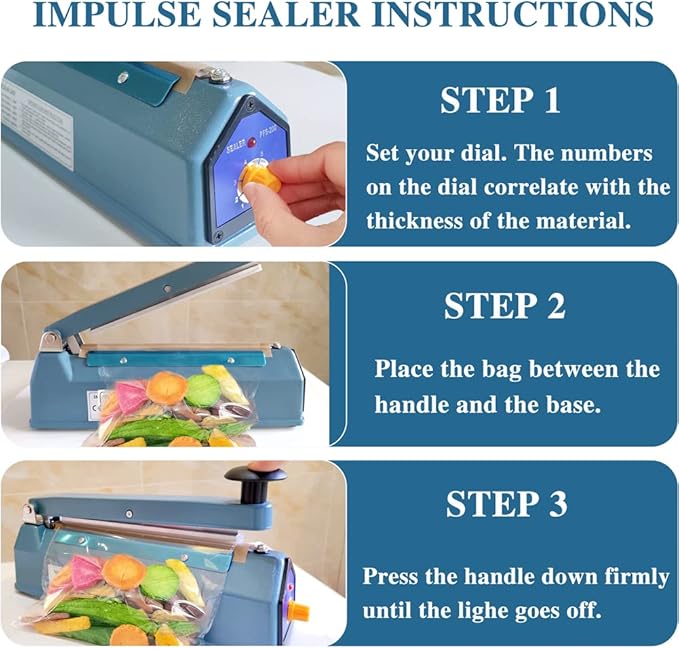 Impulse Heat Sealer 8 Inch 5mm Mylar Bag Sealer Heat Seal Machine, 110v Manual Heat Sealer for Plastic/Poly/Cookie Bags, 8 Replacement Parts & Teflon Cloth Strip(2 Round Cutter Lines Included)