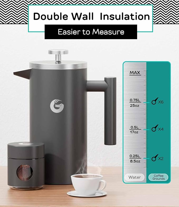 Coffee Gator French Press 34oz Gray and Gooseneck Kettle 40oz Stainless Steel for Pour Over