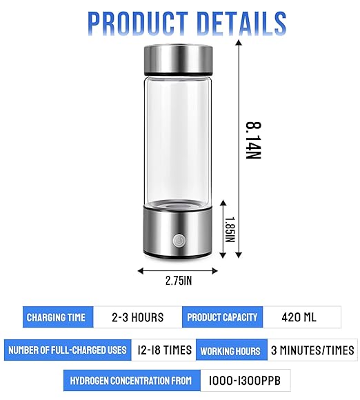 420ml Hydrogen Water Bottle Portable Hydrogen Water Ionizer Machine USB Rechargeable Hydrogen Water Generator,Hydrogen Rich Water Glass Health Cup for Home Travel