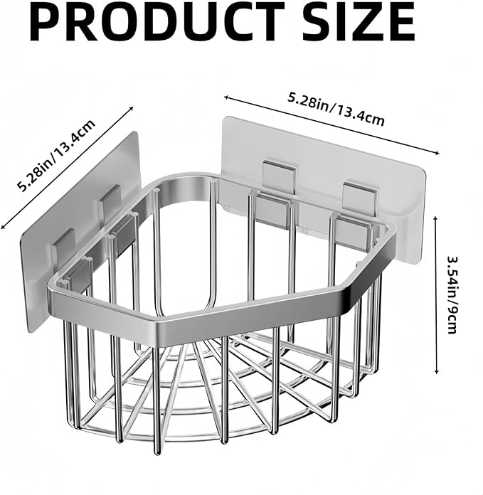 Wall Mounted Sink Caddy Organizer, Carbon Steel Kitchen Sponge Holder with 2 Adhesive Hooks, Triangular Drain Rack, 5.27x5.27x3.54 Inch (Silver)