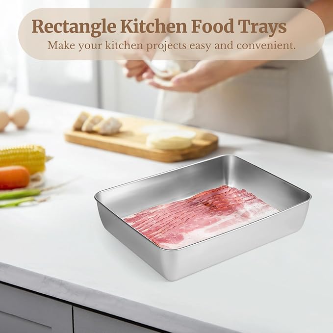3 Pcs Stainless Steel Cake Pan with Lid, 13/11/9 Inch Cake Pans Sets for Baking, Non-Stick Bread Loaf Pans, Rectangle Baking Bakeware for Bread, Cake, Meat, Vegetables