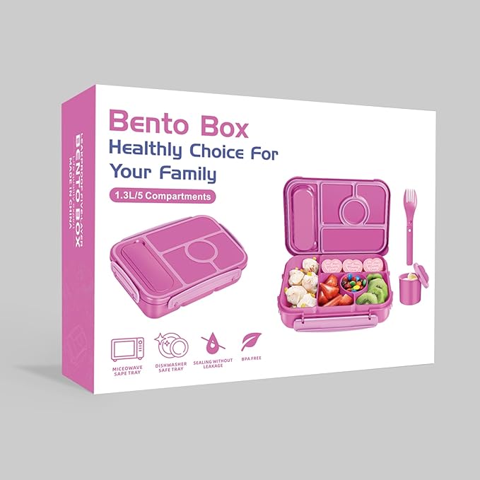 Amathley Bento Box Adult Lunch Box Kids,Lunch Containers for Adults/Kids/Toddler,5 Compartments Bento Lunch Box with Sauce Vontainers,Microwave & Dishwasher & Freezer Safe,BPA-Free (Red lily)