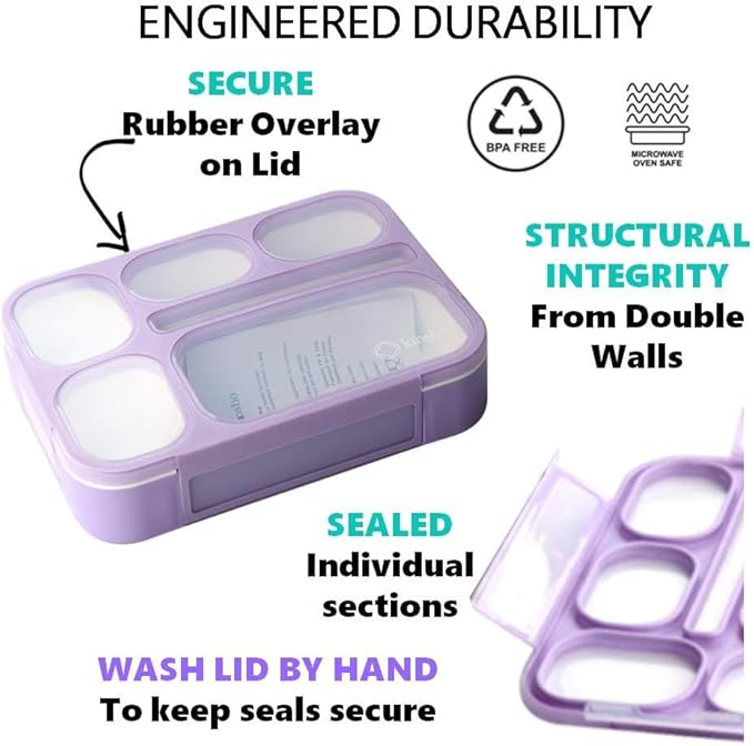 kinsho Lunch Boxes for Boys Teens Adults - Bento Box Set with Insulated Bag and Ice Pack, 6 Compartment Leak Proof Food Container, BPA-Free, Microwave Safe, Ideal for School & Work, Purple