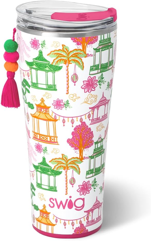 Swig Life 32oz Insulated Tumbler, Travel Coffee Tumbler with Lid, Cup Holder Friendly Travel Coffee Mug, Stainless Steel, 32 oz, Reusable Insulated Mug with Lid (Pagoda Paradise)