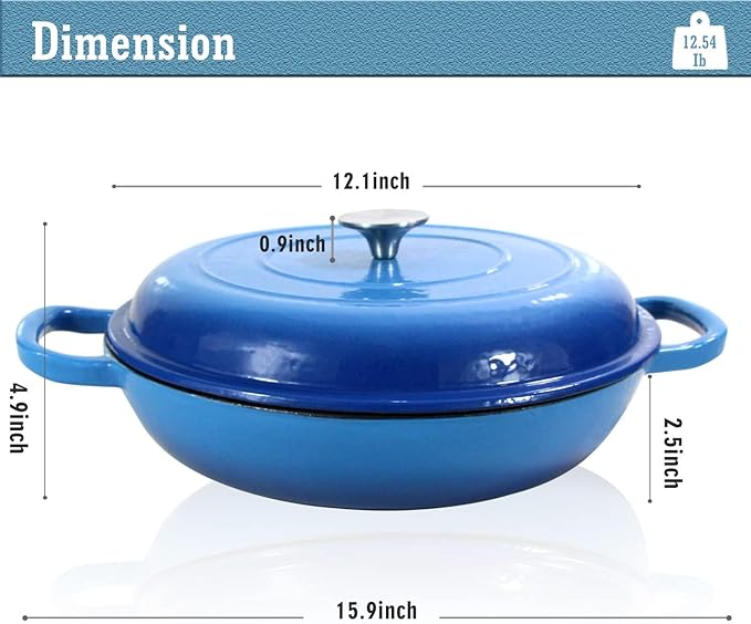 Enameled Cast Iron Dutch Oven Braiser, 3.8 Quart Enamel Skillet Pot with Lid - Heavy Duty and Dual Handles, Oven Safe Frying Pan for Family or Friends Gifts, Blue