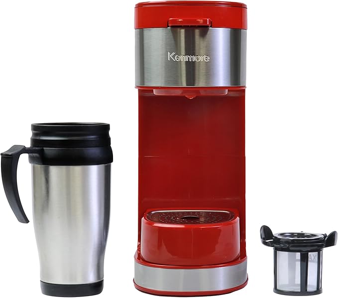 Kenmore Single Serve Coffee Maker – 6–12 Oz Brew Sizes, Compatible with Keurig K‑Cup Pods & Ground Coffee, One Cup Brewer, Travel Mug Friendly, Auto Shut‑Off, Hot & Iced maquina de cafe, Red