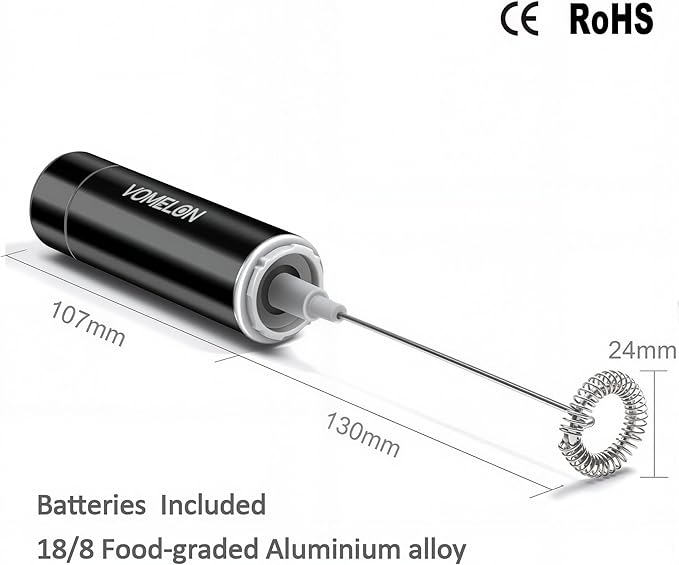 Milk Frother Handheld, Battery Operated Coffee Foamer Drink Mixer with 2 Stainless Steel Electric Whisks for Coffee, Latte, Cappuccino, Hot Chocolate, Protein，Egg Batteries Included,Black