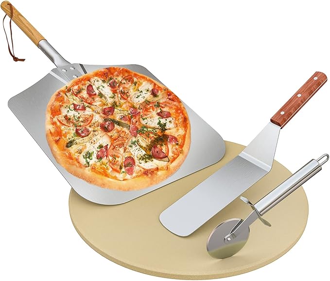 Onlyfire 4-Piece Pizza Stone Set – 15" Round Cordierite Baking Stone for Oven & Grill, 14"x16" Pizza Peel, Stainless Steel Spatula & Cutter – Complete Pizza Making Kit for Crispy Crust, Bread, BBQ