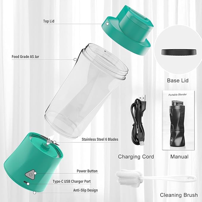 Portable Blender, 360W Personal Blender for Shakes and Smoothies for Kitchen, 24 Oz BPA Free Traveling Juicer Cup and Lid with 6 Blades, Self Cleaning Portable Juicer for Kitchen/Travel/Gym, Green