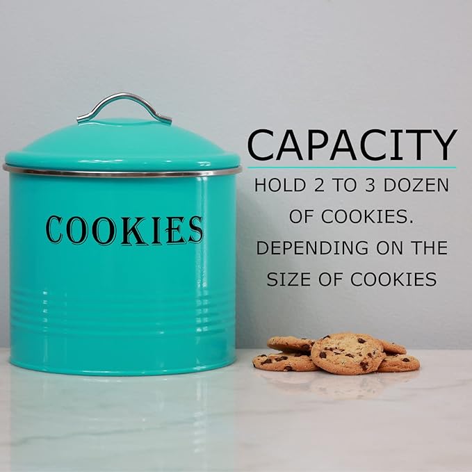 Blue Donuts Vintage Cookie Tin - Airtight, Large, Turquoise Cookie Jar with Lid for Kitchen Counter & Gift Giving