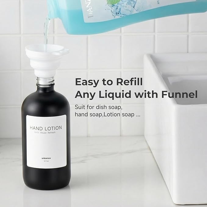 2 Packs Glass Soap Dispenser Set for Kitchen, Hand and Dish Soap Dispenser with Stainless Steel Pump & Resin Tray, Rental-Modern Refillable Countertop Soap Dispenser for Kitchen Hotels,Matte Black