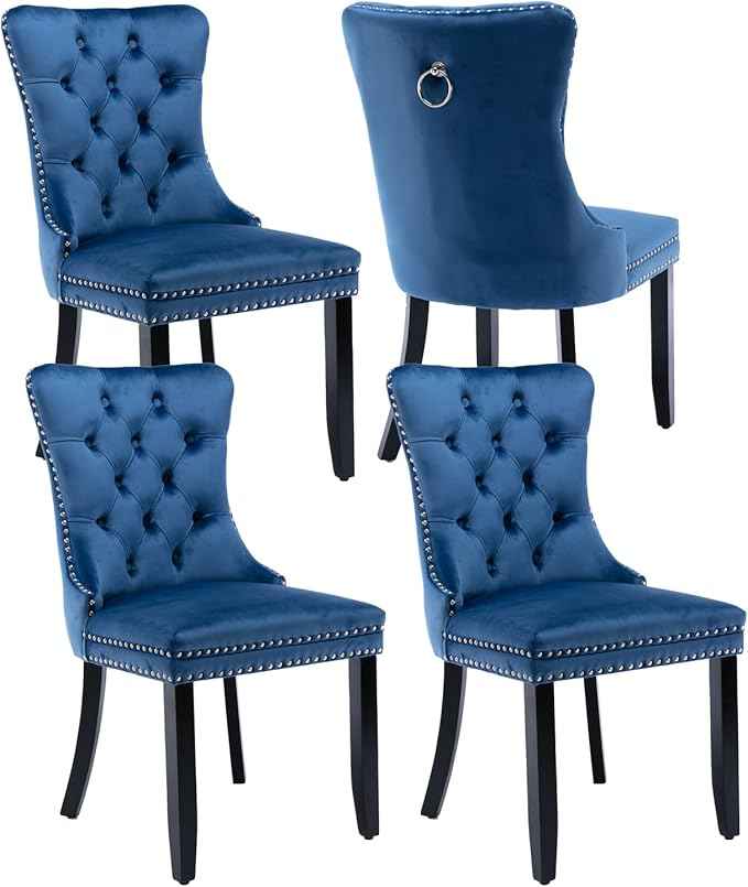 Upholstered Dining Chairs Set of 4, Velvet Dining Room Chairs with Back Ring Pull Trim and Solid Wood Legs, Tufted Wingback Kitchen Chair Perfect for Dining Room,Living Room,Kitchen(Blue)