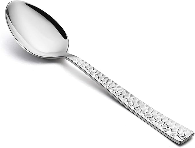Hammered Dinner Spoons Set of 6, E-far 7.9 Inch Stainless Steel Soup Spoons Tablespoons for Home, Kitchen or Restaurant, Non-toxic & Mirror Polished, Squared Edge & Dishwasher Safe