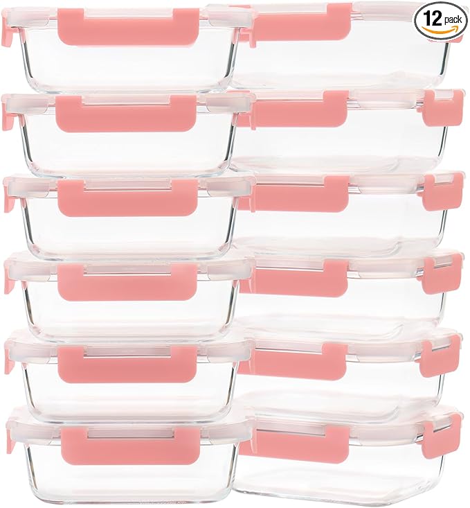 GULFLIN Glass Meal Prep Containers 12-Pack, 22oz Glass Food Storage Containers with Lids, Air-Tight, Leak-Resistant, Freezer to Microwave Safe-Pink Set