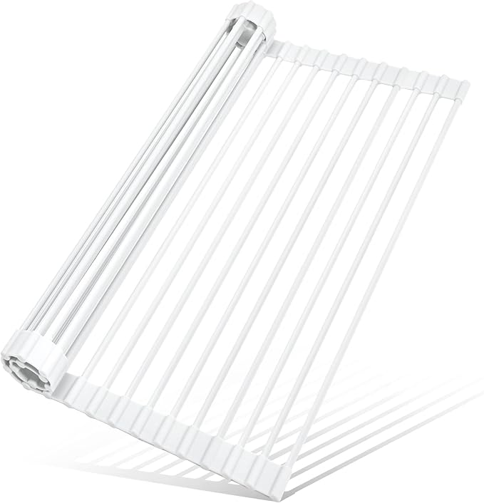 MERRYBOX Roll Up Dish Drying Rack Silicone Wrapped Over The Sink Dish Rack Foldable Dish Drainer Anti-Slip Dish Racks for Kitchen Counter, Multipurpose Kitchen Sink Drying Rack, 20.5" x 13", White