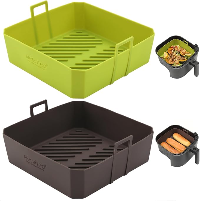 NEWITEE 5QT Air Fryer Silicone Liners for Ninja AF141/AF142 & COSORI CAF-L501, Square Reusable Air Fryer Liners with Handle, 2 Pack BPA Free Platinum Silicone Basket, Upgrade